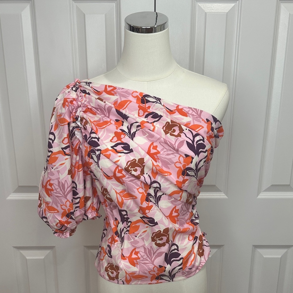 Maeve Anthropology Floral Pink Cotton One Shoulder Boho Coquette Blouse Size M